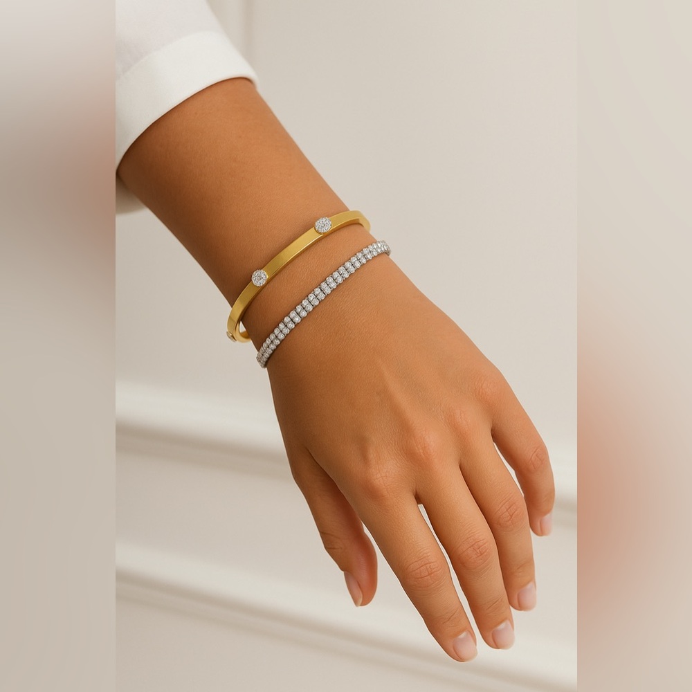 NEW 18K GOLD PLATED LUXURY BRACELET SET – CLASSIC BANGLE + TENNIS BRACELET